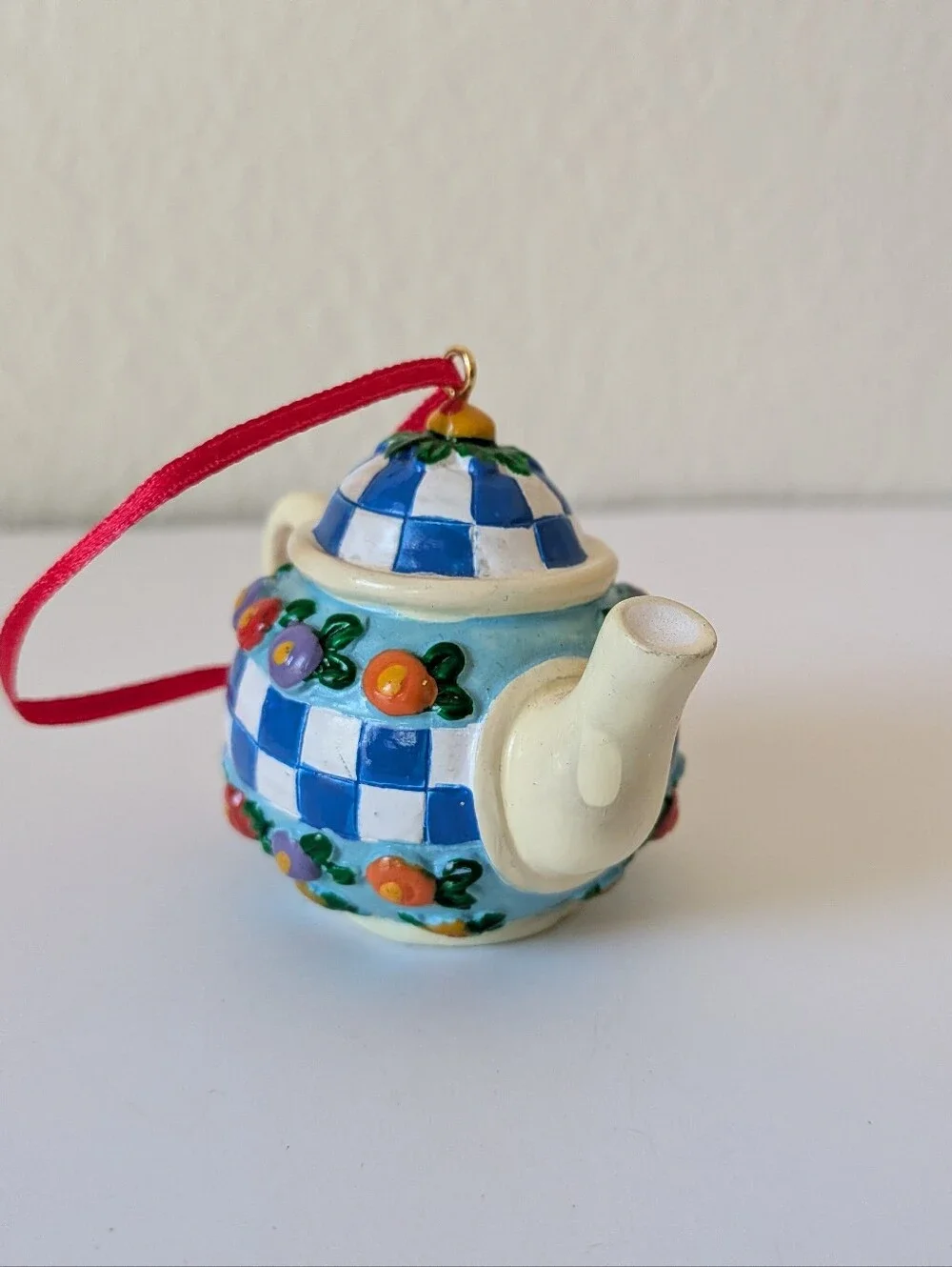 Mary Engelbreit ME Tea PotOrnament Collection Blue White Checkered with Floral